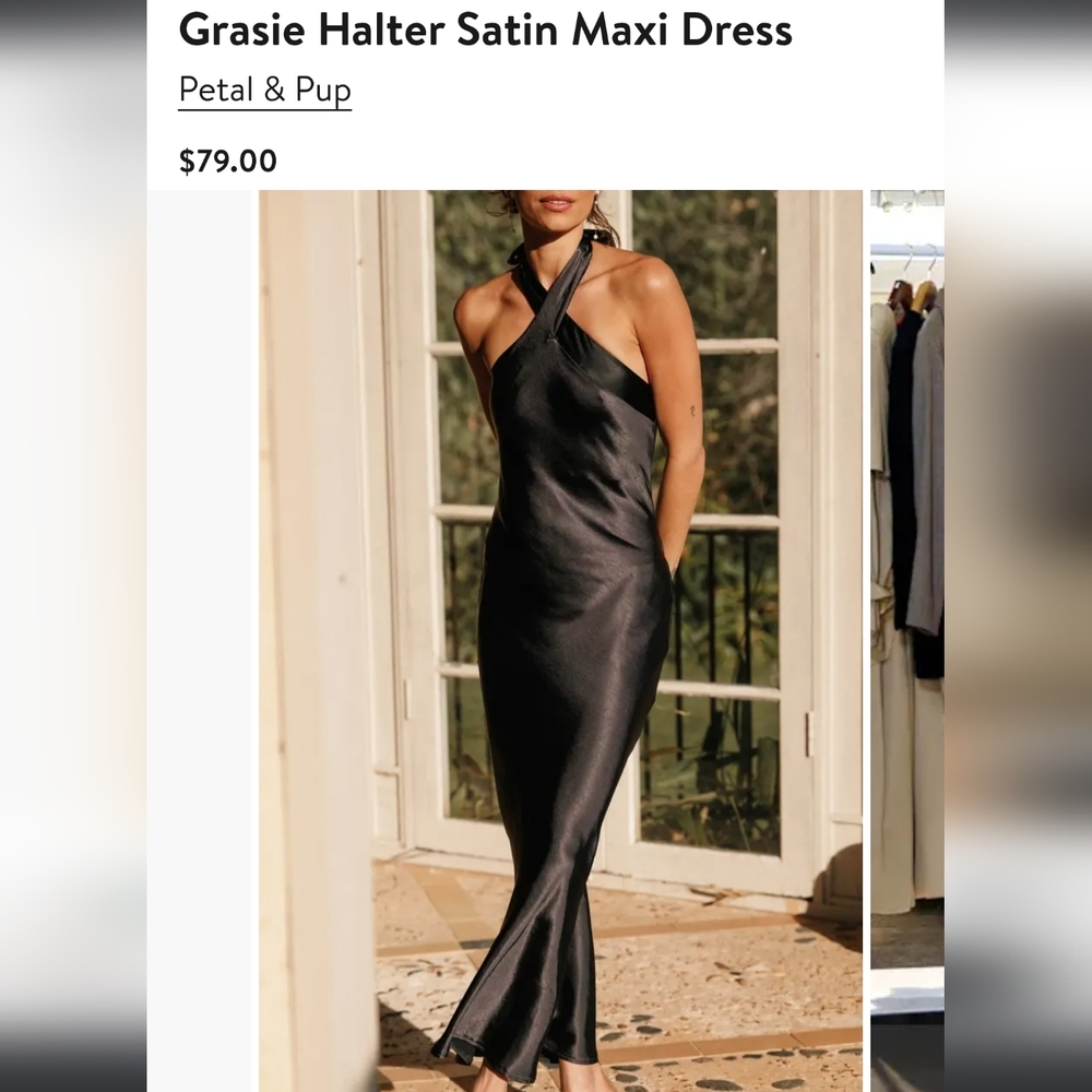 Petal & Pup Black Satin Grasie Halter Maxi Dress